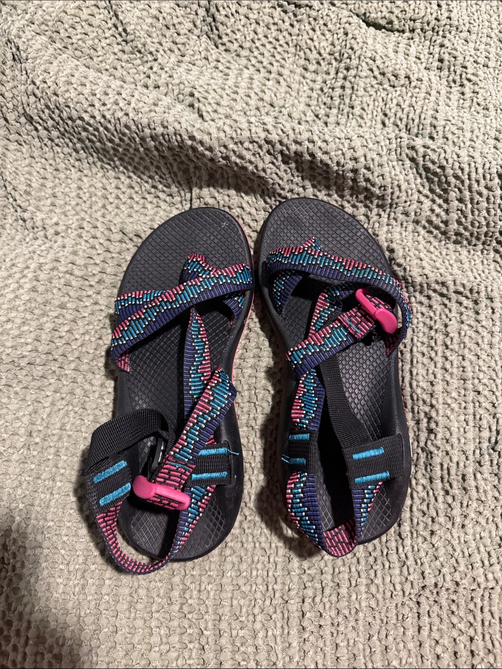 Chaco Women's Black Sandals with Multicolor Webbing and Pink Buckles